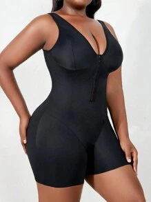 Plus Hook And Eye Front Shapewear Unitard Romper - Black - View 5
