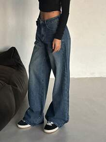 DAZY Quần Jeans Ống Thẳng Rộng, Thường Ngày Cho Nữ, Quần Jeans Rộng - Màu xanh lam - Xem 8