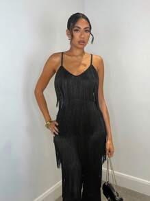 SHEIN BAE 1 件女式秋冬流苏细肩带深 V 领露背修身连体裤，适合万圣节派对和圣诞派对 - 黑色 - 查看 5