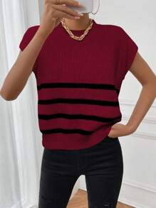 Chiquease Chaleco de mujer casual de cuello redondo, manga corta tipo murciélago, a rayas, para otoño/invierno - Rojo - Ver 4