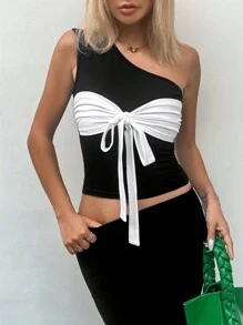 INAWLY Women's Fashionable Daily Casual Contrast Color Front Tie Strap Slim Fit Top, Summer - Black - View 3
