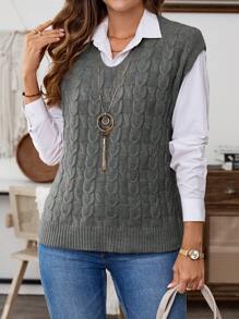 EMERY ROSE Women's V-Neck Solid Color Cable Knit Sweater Vest, Casual For Autumn/Winter