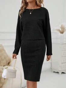 SHEIN Clasi 2pcs/Set Women Fuzzy Thermal Lined Long Sleeve T-Shirt And Dress, Warm Winter Outfits - Black - View 6