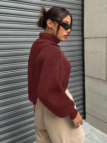 SHEIN Unity Women Casual Daily Solid Color Turtleneck Batwing Sleeve Sweater, Autumn/Winter Knit Pullover Fall - Burgundy - View 5