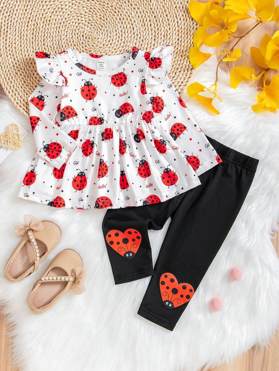 SHEIN 2 件婴幼儿休闲可爱瓢虫印花荷叶边圆领长袖上衣和裤子套装,适合春秋季节 - 彩色 - 查看 1