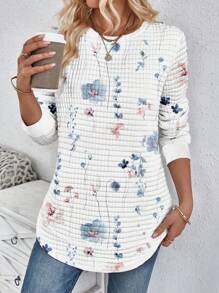 SHEIN LUNE Áo nỉ cổ tròn in hoa cho nữ màu trắng thoải mái, có đường viền cong xẻ tà bên hông, phù hợp cho mùa thu/đông - Nhiều màu - Xem 1