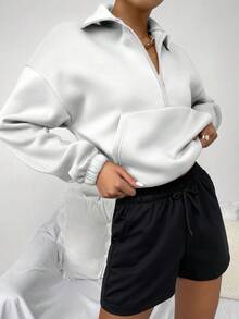 SHEIN Unity 女士前拉链长袖口袋简约休闲上衣，日常穿着 - 白色 - 查看 4