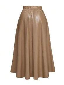 Celure Váy Maxi thời trang thanh lịch bằng da PU màu trơn cỡ lớn cho nữ - Màu Khaki - Xem 2