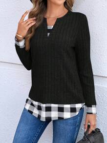 EMERY ROSE 1 件女式休闲格子拼布锁眼领二合一 T 恤，秋季