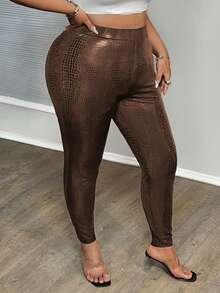 Slaydiva Plus Size Elegant Black Stretch Snake Print Leather Pants - A - Brown - View 3