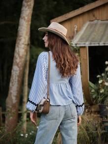 LanaWest 休闲假日风格撞色蓝白条纹拼布灯笼袖衬衫荷叶边上衣