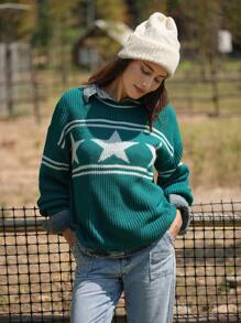 LanaWest Women's Round Neck Long Sleeve Simple Pentagram Pattern Casual Knitted Sweater Fall Winter - Green - View 6