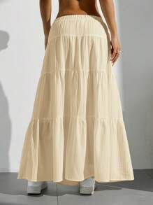 SHEIN EZwear 女款純色前綁帶百褶腰簡約裙，休閒日常穿著 - 米色 - 查看 2