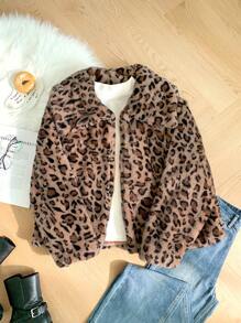SHEIN Privé Cardigan matelassé avec imprimé léopard pour femmes grandes tailles. Veste de rue chic et élégante avec col montant, convenant pour les déplacements et les sorties, automne/hiver