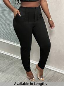 SHEIN PETITE CURVE Plus Size Petit 2024 New Simple Solid Color Bodycon Toothpick Pleated High Waist Work Cropped Pants For Women - Black - View 1