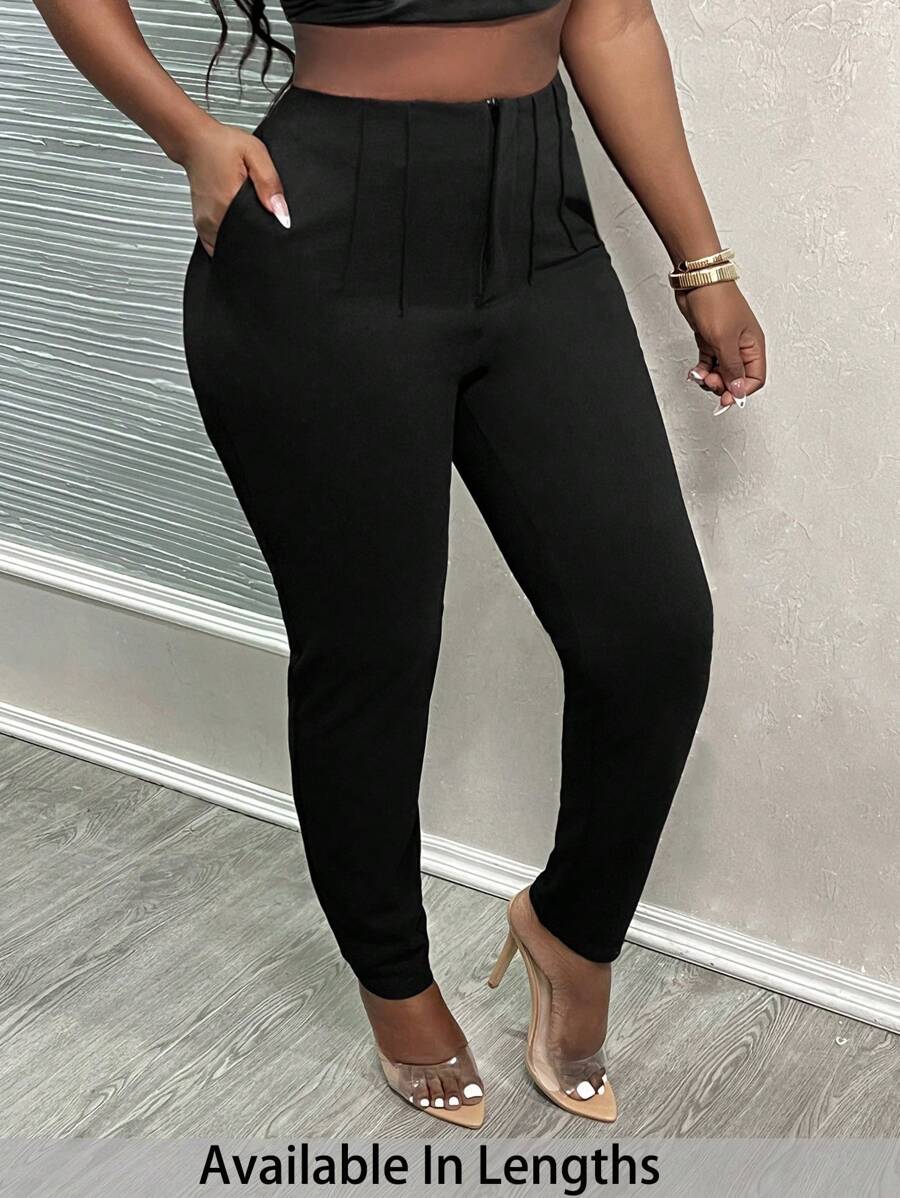 SHEIN PETITE CURVE Plus Size Petit 2024 New Simple Solid Color Bodycon Toothpick Pleated High Waist Work Cropped Pants For Women - Black - View 1