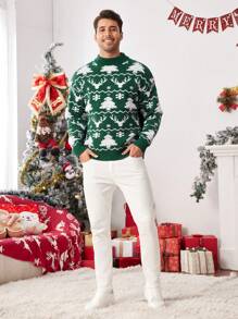 Manfinity VCAY Maglione casual da uomo con grafica di albero di Natale e cervo, collo equipaggio, spalle cadenti, maniche lunghe, stile colorato, adatto per abbinamenti natalizi in famiglia o per coppie, per vacanze e abbinamenti familiari - Verde Scuro - Visualizzare 5