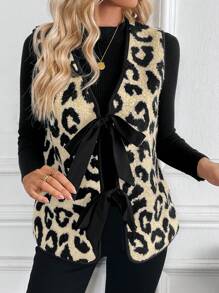 SHEIN LUNE Women Regular Leopard Print Teddy Fleece Vest Jacket (Random Pattern Cutting) - Khaki - View 4