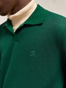 AKNOTIC Business Casual Áo thun polo dệt kim dáng rộng, vai trễ, thêu chữ dành cho nam, dáng thường ngày cho mùa thu, dịp Giáng sinh - Màu xanh lá cây đậm - Xem 3