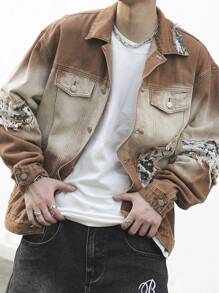 Manfinity Roghcode Plus Size Men Casual Distressed Gradient Camouflage Patchwork Denim Jacket, For Party - Brown - View 3