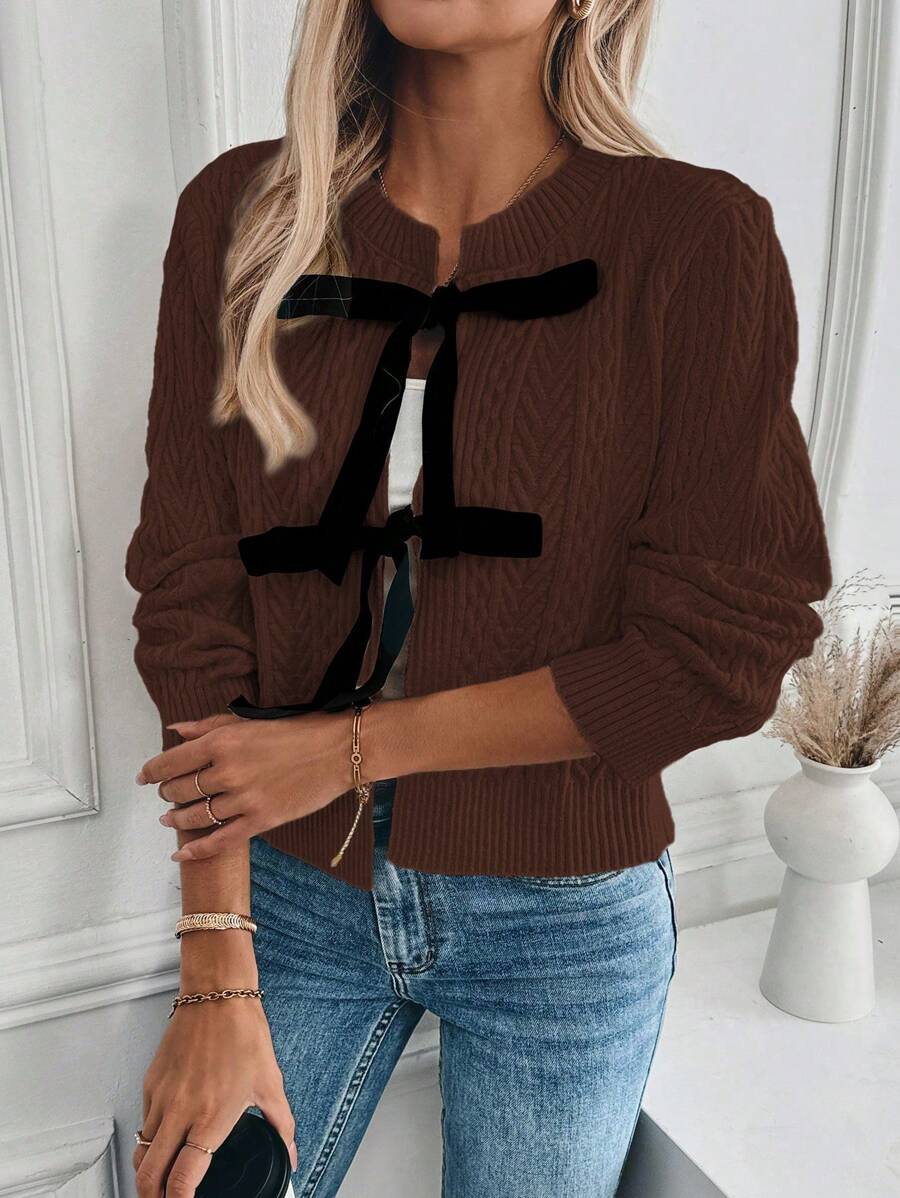 SHEIN Unity Cardigan Wanita Kasual Modis dengan Desain Ikat dan Blok Warna, Cocok untuk Pakaian Sehari-hari di Musim Gugur - Coffee Brown - View 1