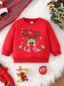 SHEIN 圣诞节男婴休闲驯鹿、圣诞灯、雪花图案、标语字母印花羊毛圆领运动衫，适合圣诞节家庭派对、秋冬季。妈妈和我的配套服装（5 件单独出售） - 紅色 - 查看 1