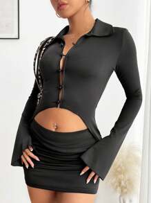 SHEIN ICON 2 件套女士夏季/秋季休闲喇叭袖短款上衣和裙子套装 - 黑色 - 查看 3