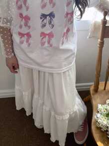 DAZY Women's Plain Patchwork Frill Hem Loose A-Line Skirt, White, All Season Fall Skirts - White - View 3