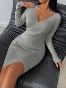 Chiquease Váy len quấn midi màu trơn giản dị, thu/đông - Màu Xám nhạt - Xem 6