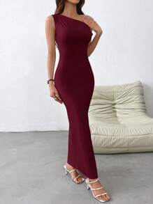 Firerie Đầm dệt kim hở vai chéo đơn sắc thường ngày cho nữ - Màu Đỏ Sâu - Xem 6