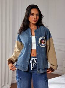 SHEIN ICON Damen Lässig Kontrast Farbblock Patchwork Emblem Denim Jacke, Herbst