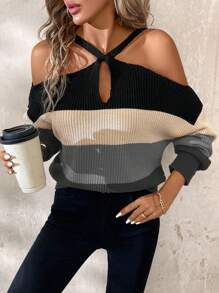 SHEIN Clasi Women's Open Shoulder Long Sleeve Cowl Neck Striped Contrast Color Sweater, Autumn/Winter - Grey - View 4