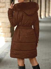 SHEIN Clasi 女士毛领收腰中长夹克