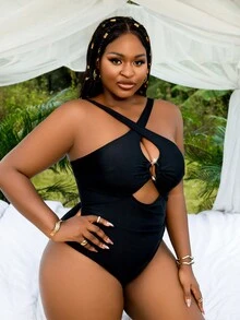 SHEIN Slayr CURVE 大码女式性感交叉露背吊带连体泳衣夏季 - 黑色 - 查看 3