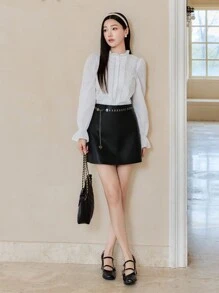 EastFlair Women Casual Solid Color A-Line Mini Skirt, Versatile For Autumn - Black - View 7
