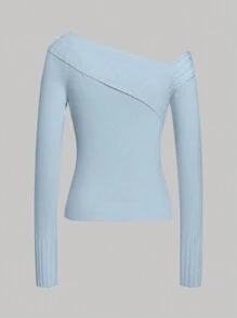 SHEIN EZwear 女士优雅纯色不对称领口扣饰修身套头衫 - 淺藍色 - 查看 2