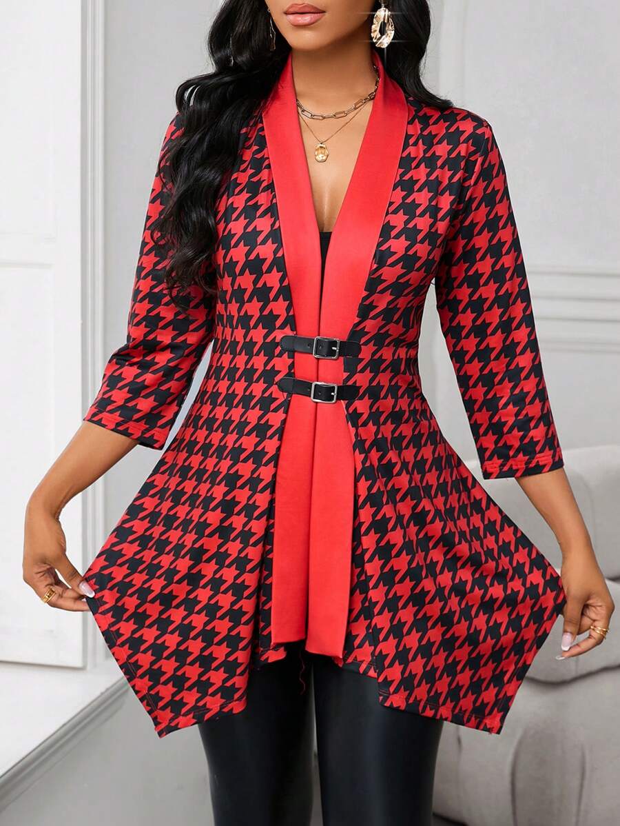 SHEIN Lady Red And Black Houndstooth Print Cardigan,Women's Elegant Office Coat With Metal Buckle & Mid-Length Sleeves,Asymmetrical Hem Autumn Winter Outfits - Red - View 1