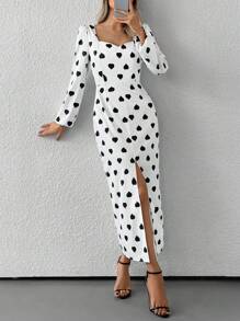 SHEIN Unity Robe longue élégante aux femmes avec motif cœur et fente au bas - Blanc - Voir 3