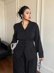 Flirla Blusa de manga larga elástica y ajustada de estilo universitario simple en negro para mujeres de talla grande