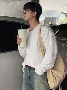 DAZY 男士纯色圆领长袖休闲宽松T恤，秋季 - 白色 - 查看 9