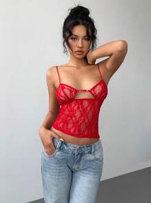 Aloruh Women's Red Lace Cami Top Sexy Camisole Top Solid Color Hollow Lace Slim Camisole
