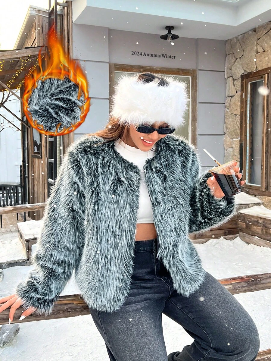 SHEIN EZwear Plus Size Women's Solid Color Long Sleeve Open Front Loose Furry Winter Coat, Warm Clothes