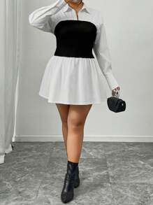 SHEIN Frenchy Plus Size Black & White Patchwork A-Line Dress, Fashionable Item For Autumn/Winter, Can Be Paired With Long Coats