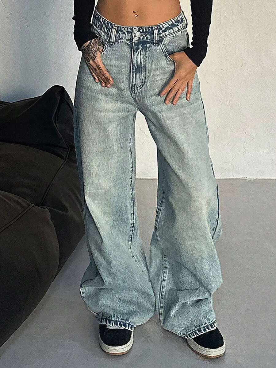 DAZY Women Casual Front Button Pocket Straight Leg Denim Jeans,Baggy Jeans