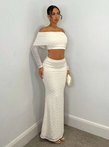 SHEIN BAE Bộ 2 chiếc/bộ áo len hở vai tay dài màu trơn gợi cảm kết cấu bó sát & chân váy bút chì dài thêm, thích hợp cho buổi hẹn hò lãng mạn, kỳ nghỉ, tiệc cocktail, hộp đêm, khách dự tiệc cưới, Halloween, Giáng sinh - trắng - Xem 3