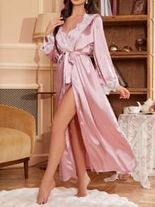 Embroidered Patchwork Faux Silk Hooded Robe - Pink - View 6
