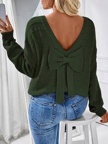 SHEIN LUNE Pulover minimalist cu detaliu de fundă în culoarea unui singur model, potrivit pentru ținute casual de zi cu zi, pulover tricotat toamna și iarna - Verde Armată - Vizualizare 3