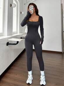 SHEIN EZwear 1pc Autumn Grey Turtleneck Knitted Tight Casual Sports Jumpsuit'