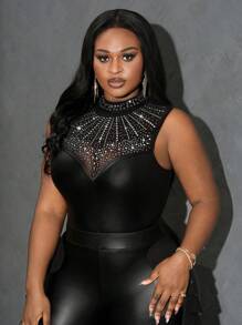 Slaydiva Plus Size Women's Luxury High Neck Rhinestone Front Semi-Sheer Sleeveless Bodysuit, For Winter - Black - View 4