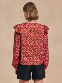 SHEIN Unity Women's Elegant Long Sleeve Ruffle Trim Floral Print Blouse Fall Cloth For Women - Red - View 2